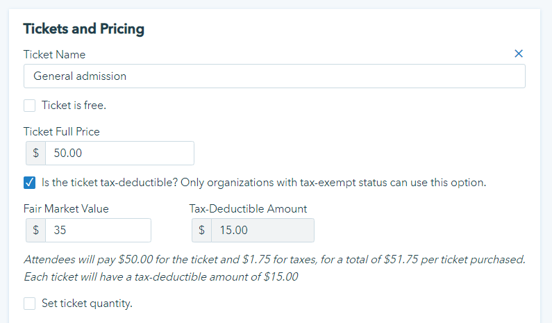auto tax deductibility information calculation on donorbox events