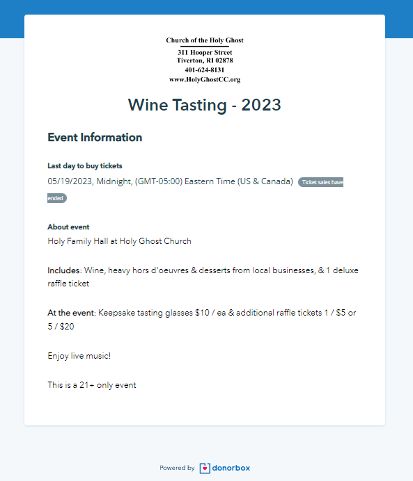 church wine tasting event example on donorbox