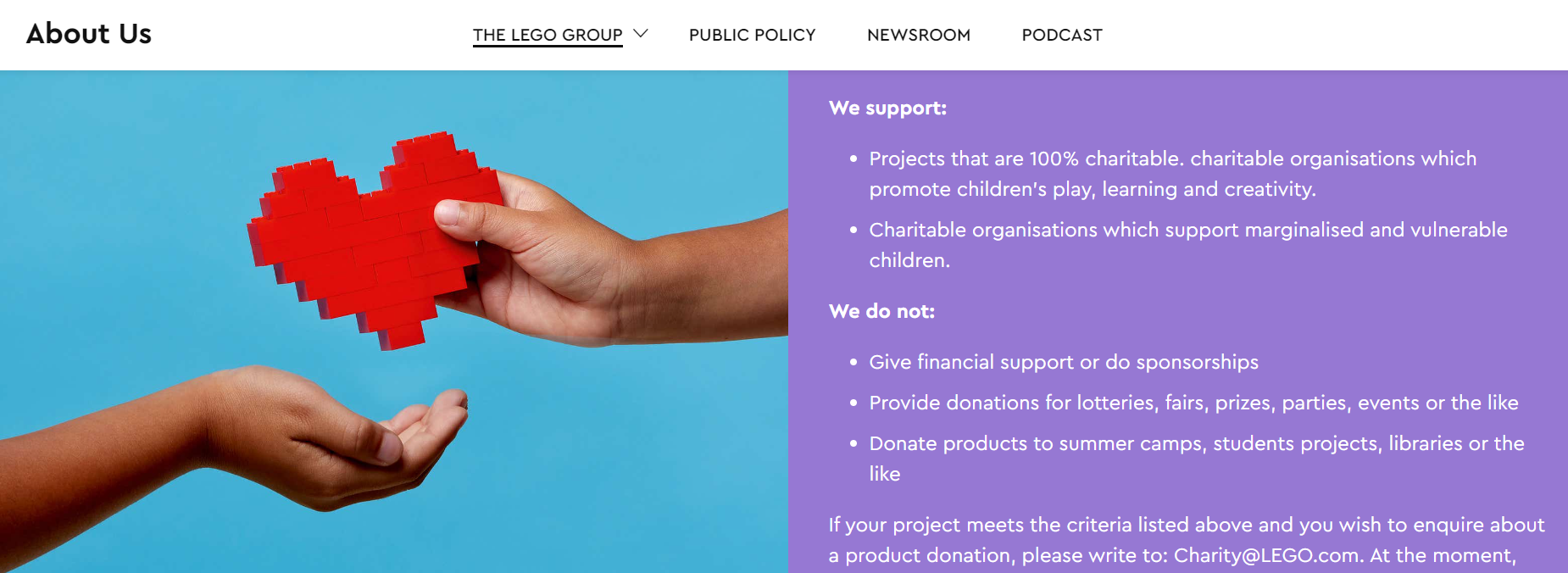Lego donates to fundraisers and charities