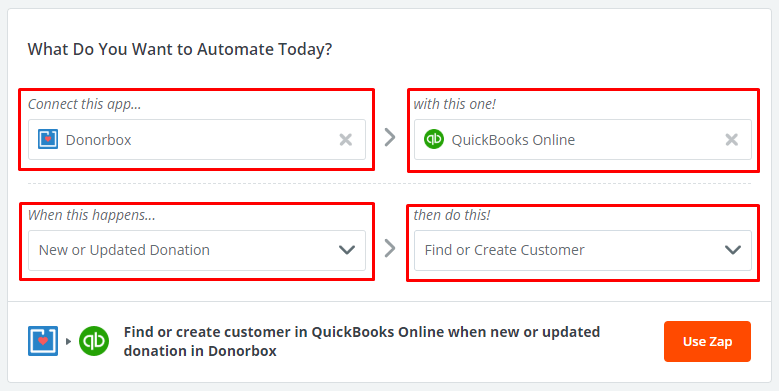 setting the zaps on zapier to connect donorbox and quickbooks
