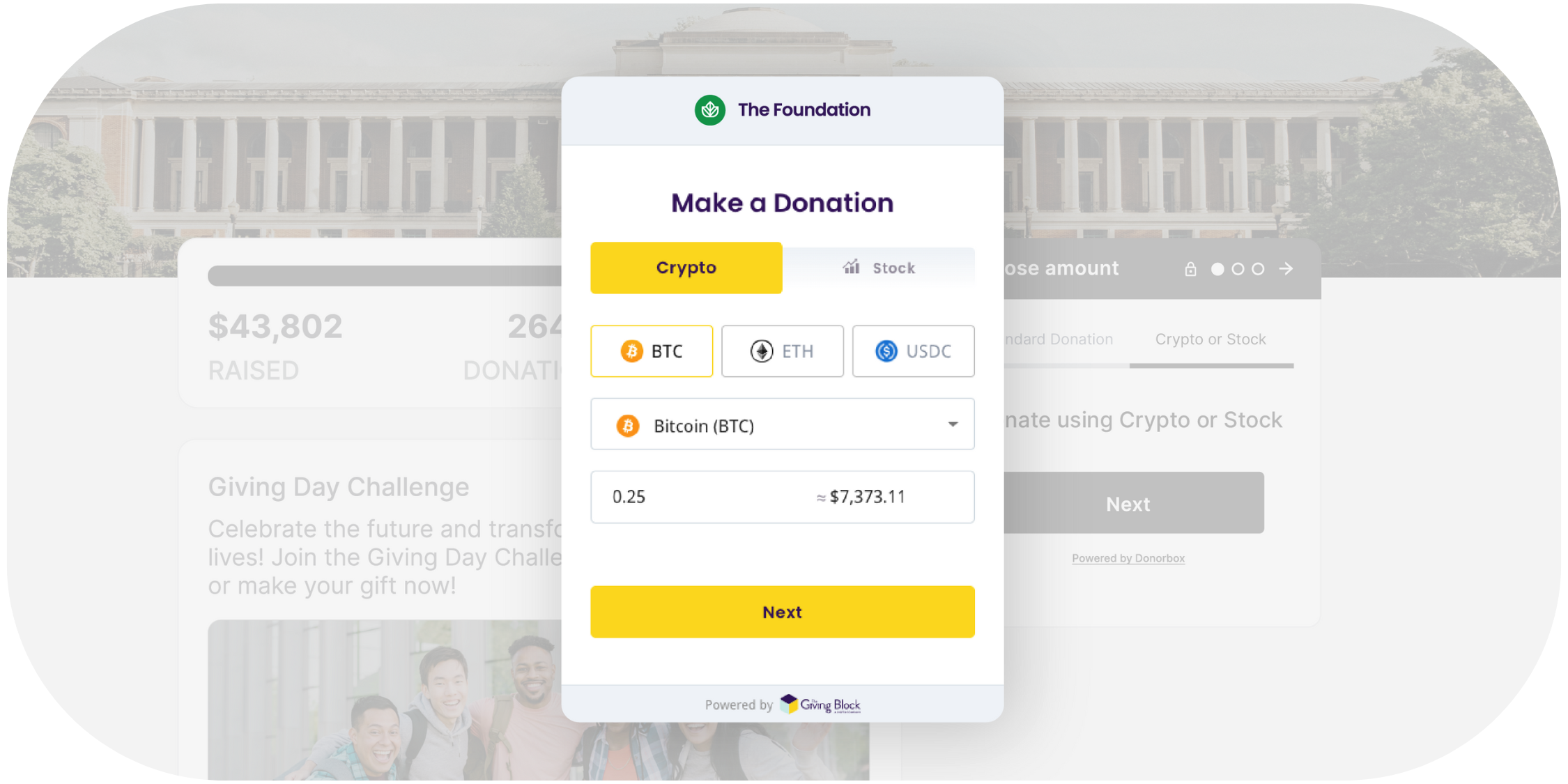 Screenshot showing the Donorbox and The Giving Block integration in action on a Donorbox online giving form.