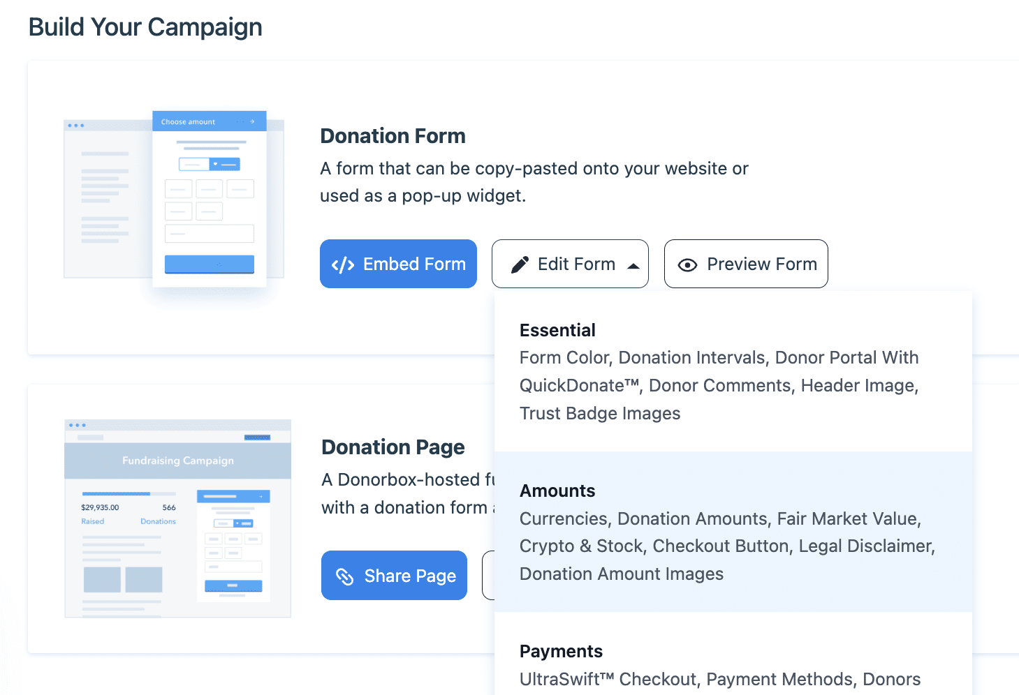 Screenshot showing where to find the option to edit stock and crypto donations on your Donorbox donation form.