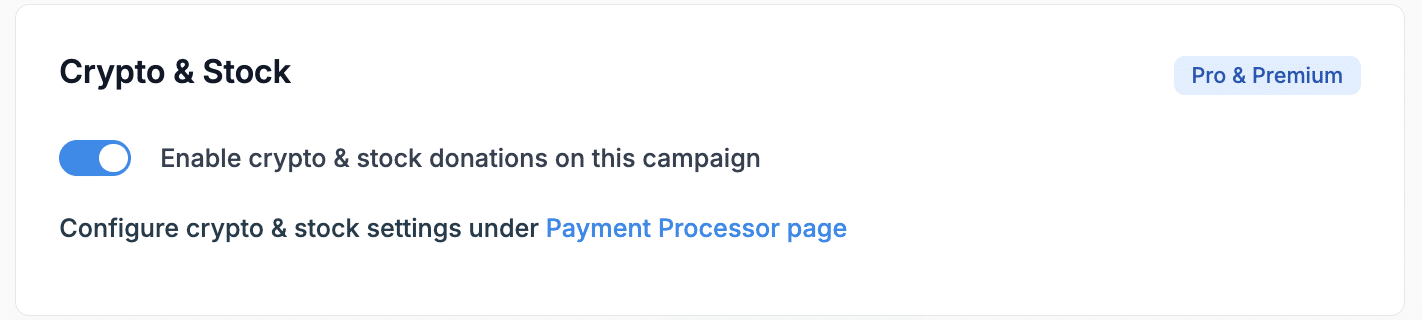 Screenshot showing the Crypto and Stock toggle on the Donorbox backend