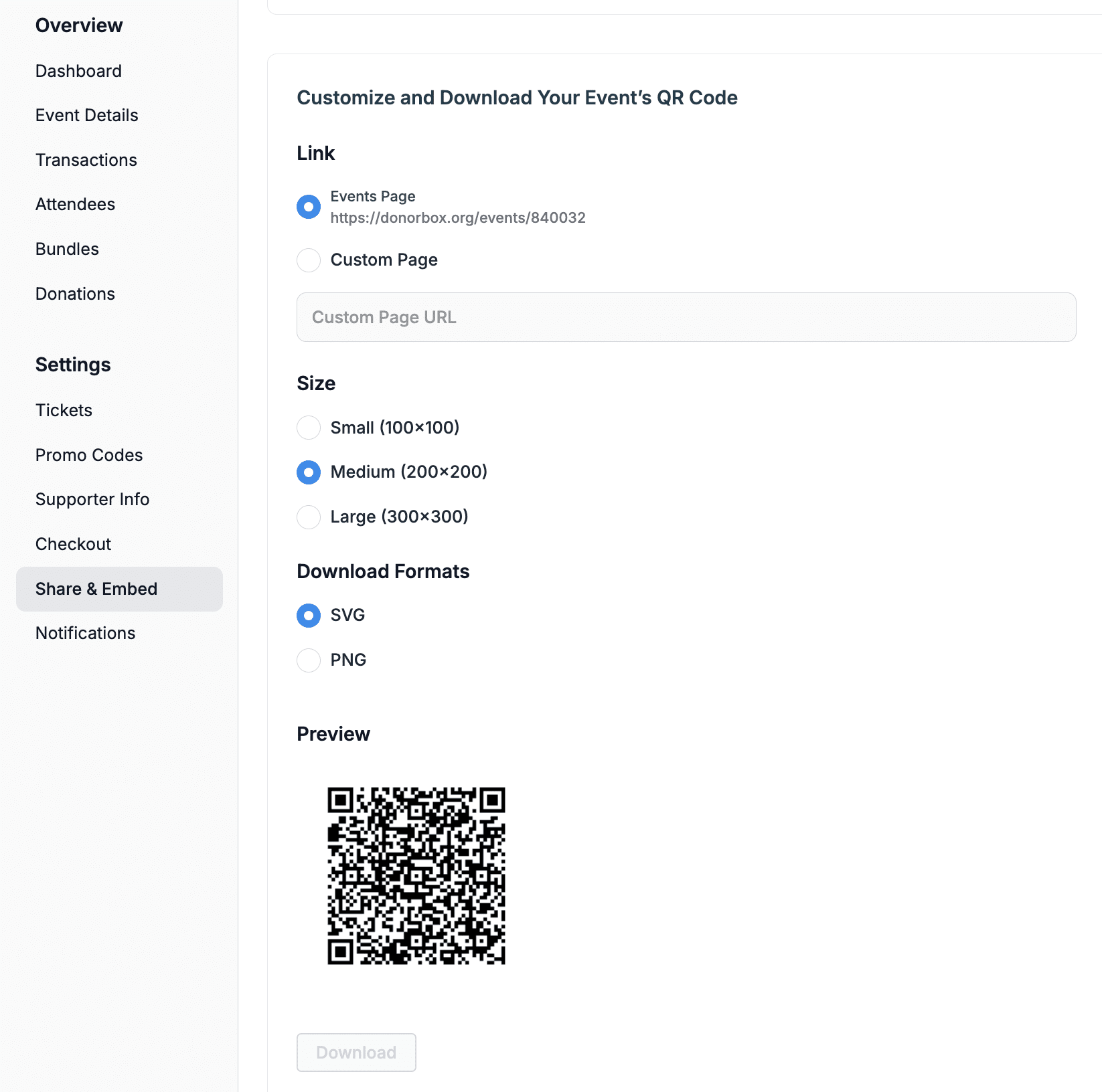 Screenshot displaying how to access a QR code for Donorbox Events