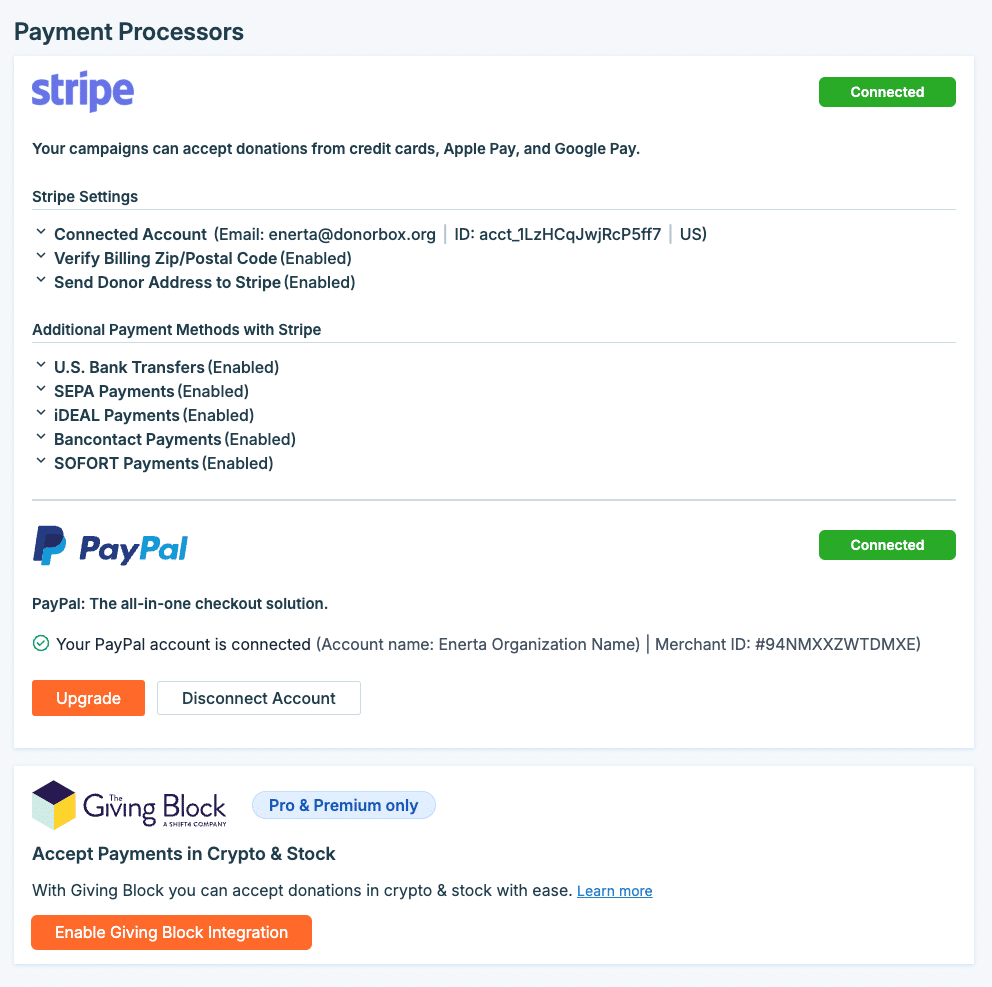 Screenshot showing the Giving Block integration option on the Donorbox Payment Processors page.