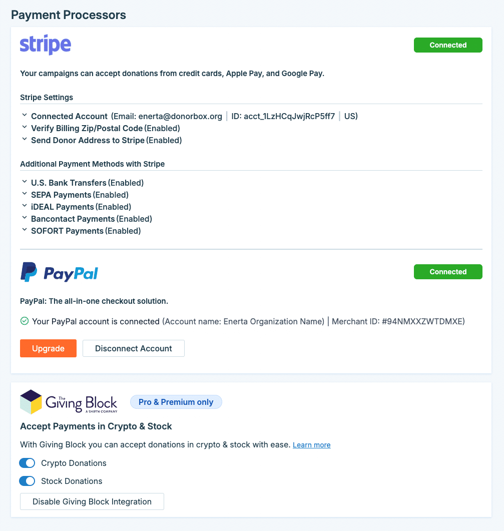 Screenshot showing how to enable stock or crypto donations using the Donorbox and The Giving Block integration.