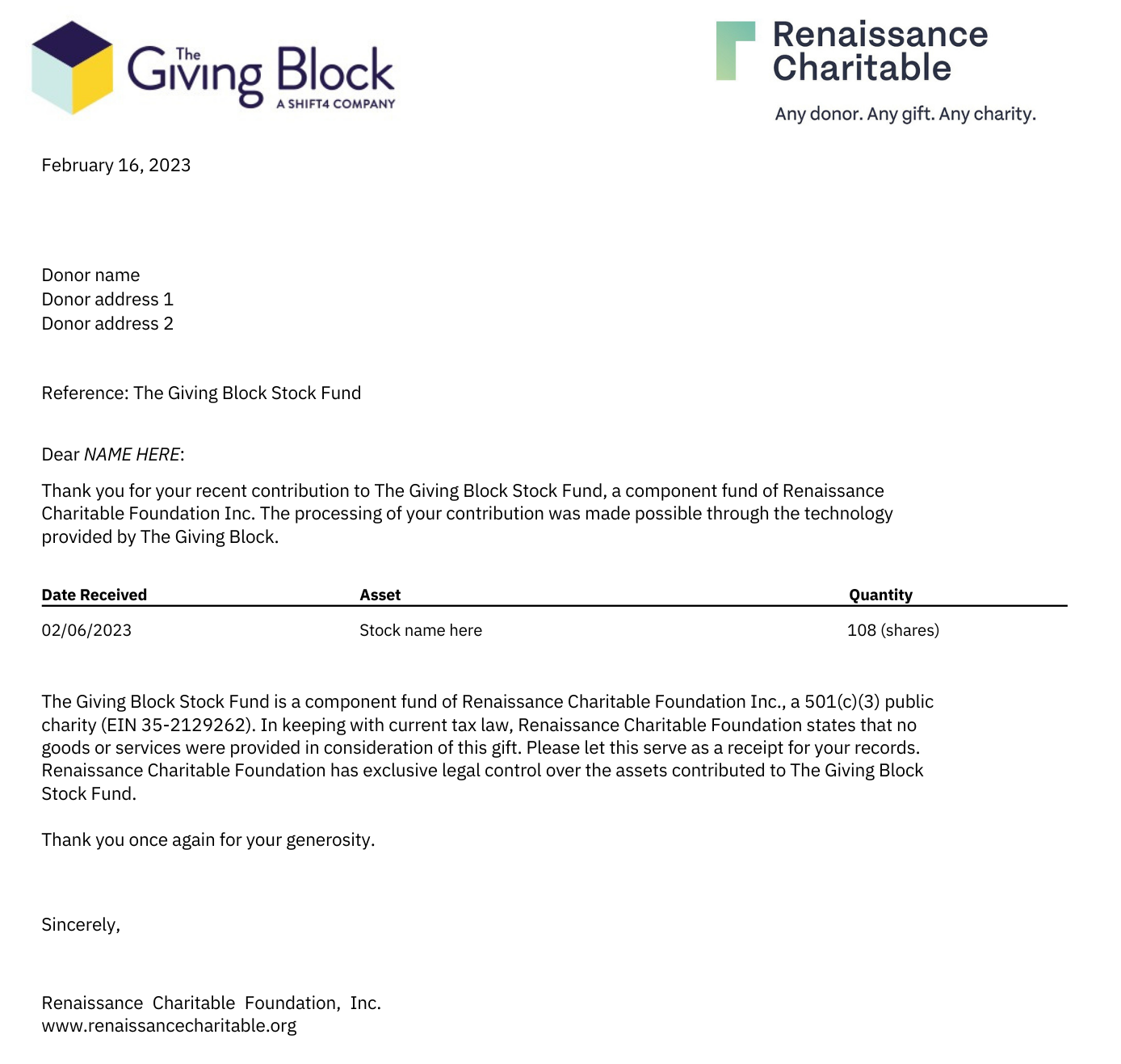 the giving block receipt to donors for stock donations