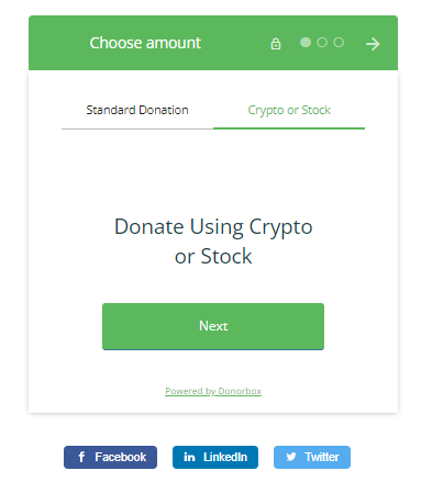 donor is redirected to the giving block form from donorbox to make crypto and stock donations