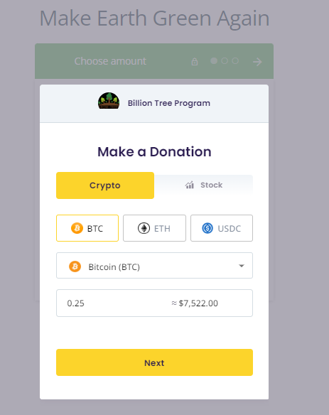 the giving block form for crypto and stock donations