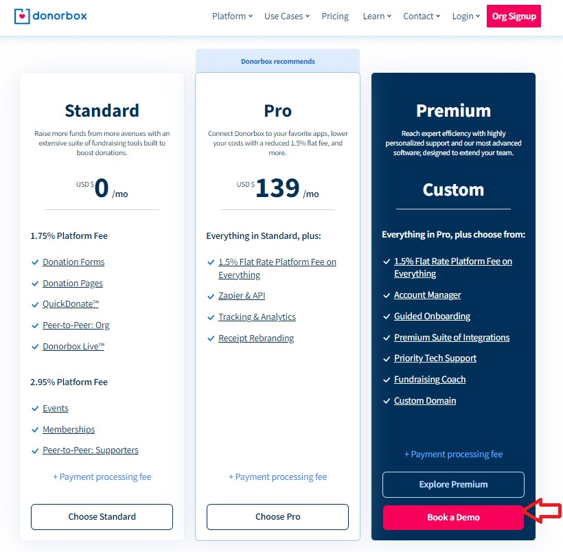 donorbox pricing page to sign up for donorbox pro and premium