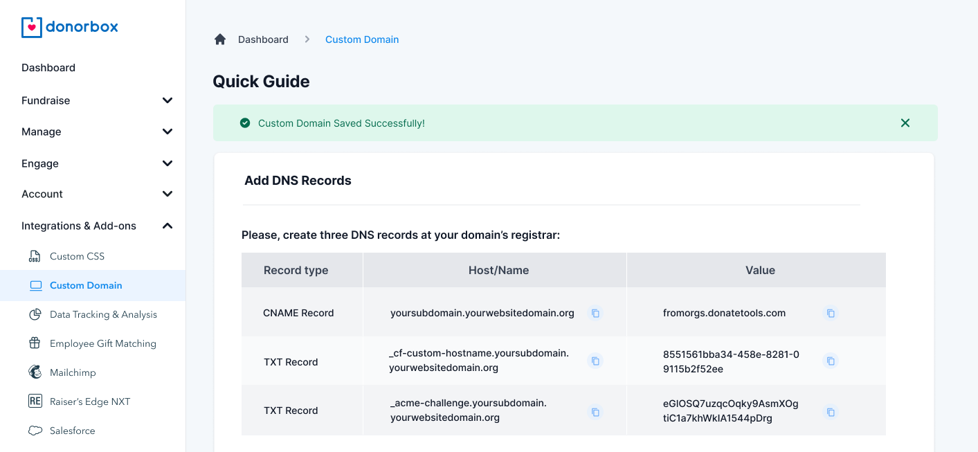 adding DNS records to activate custom domain on donorbox
