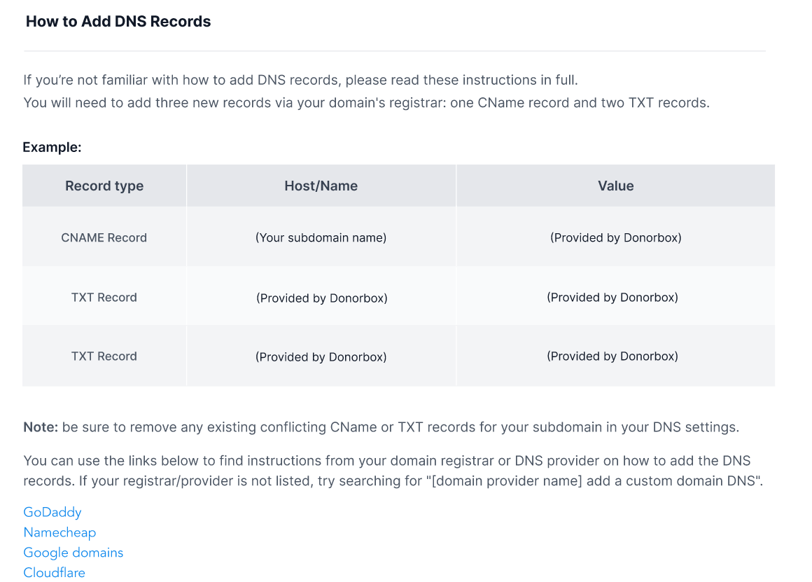 donorbox provides instructions on how to add DNS records at your website registrar