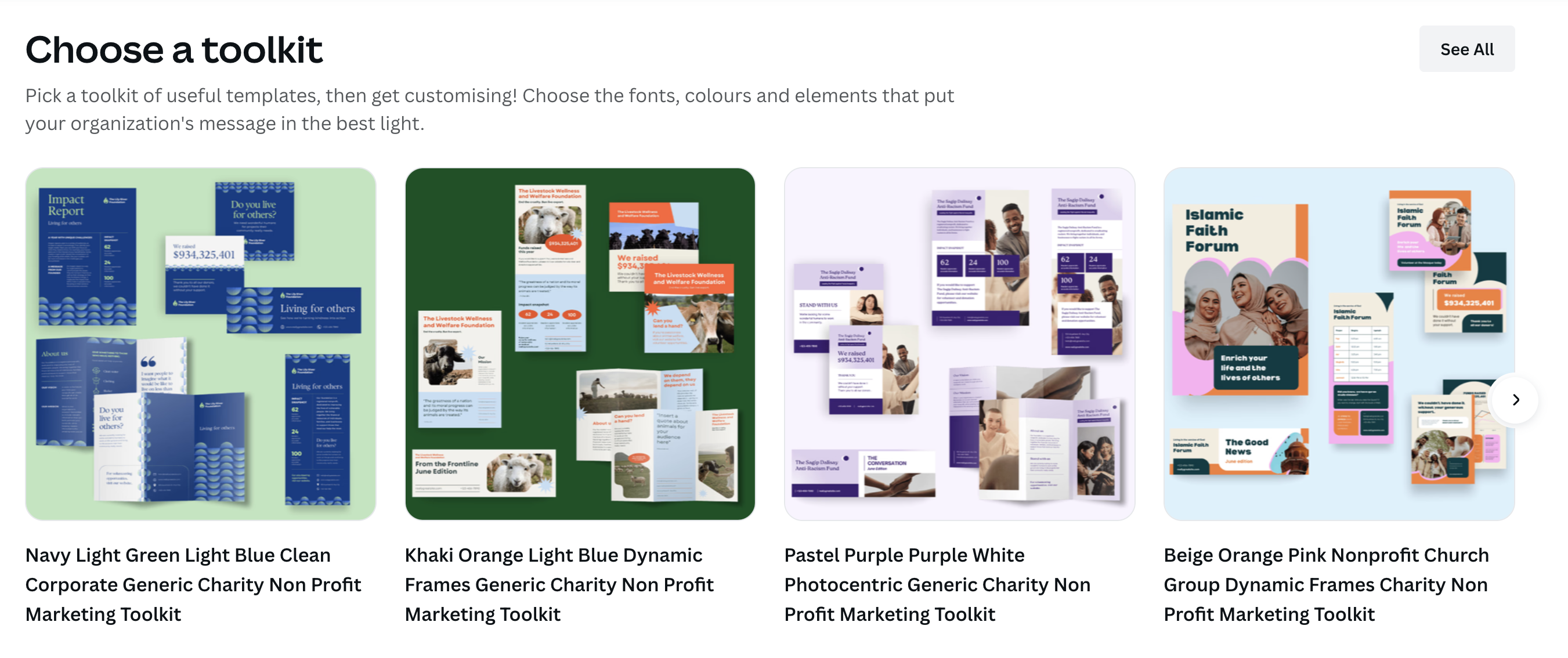 Examples of marketing toolkits available through Canva for Nonprofits