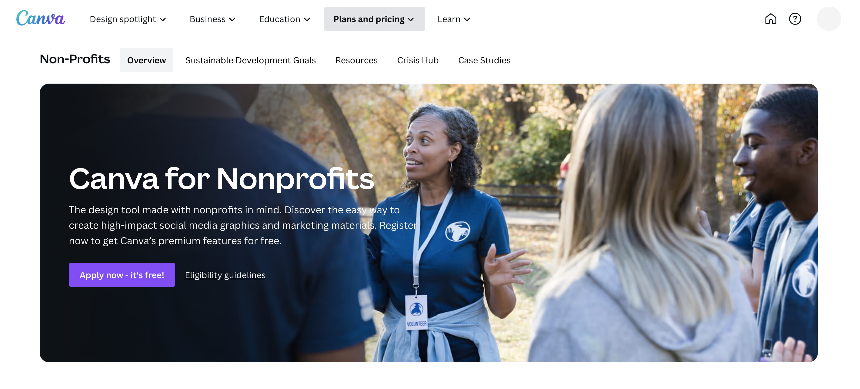 Screenshot showing the Canva for Nonprofits pricing page on Canva.