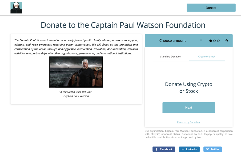 Capture d'écran de la page de collecte de fonds de la Fondation du Capitaine Paul Watson, où vous pouvez voir comment ils acceptent les dons en actions.
