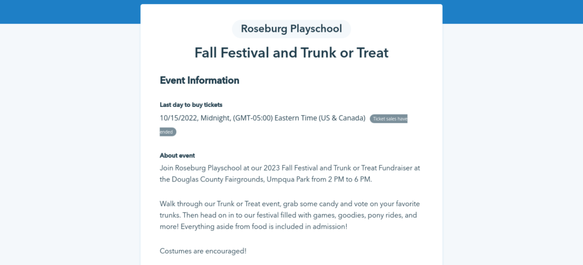 Example of Donorbox Events - Roseburg Playschool Fall Festival and Trunk-or-Treat