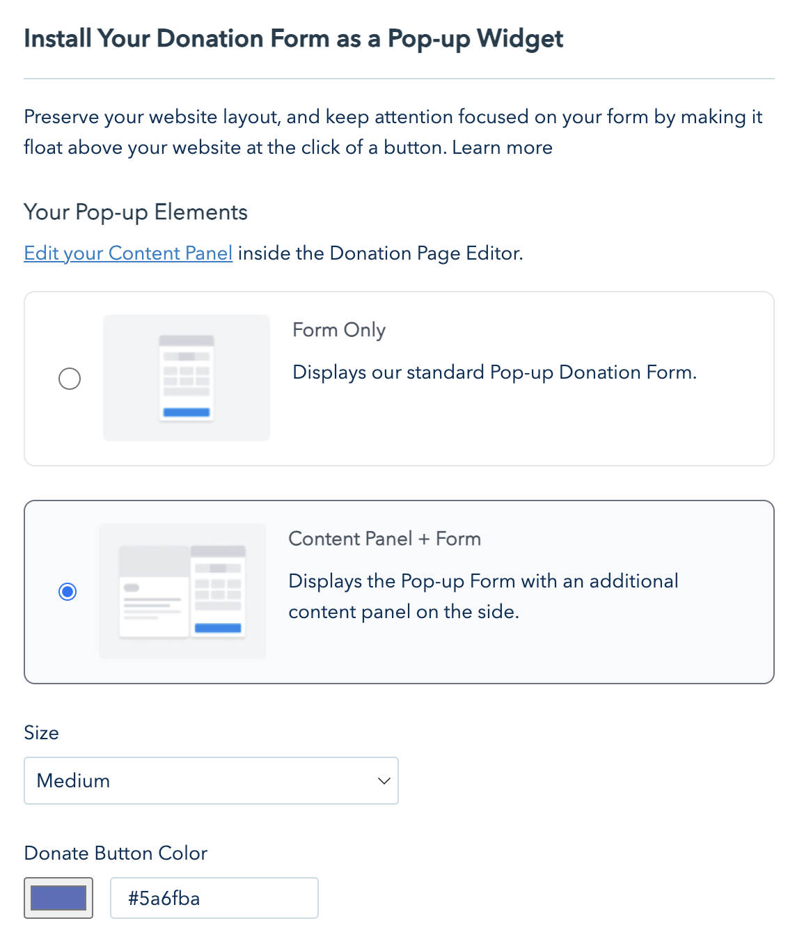 Screenshot showing the toggle to include an expanded content panel on your pop-up donation form.