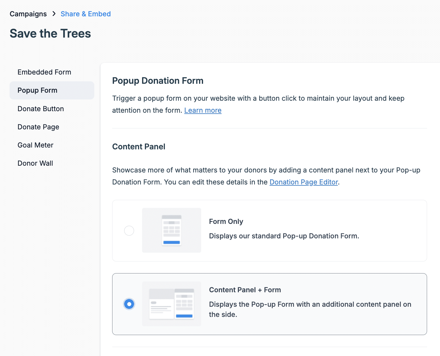Screenshot of how to add a content panel on Donorbox