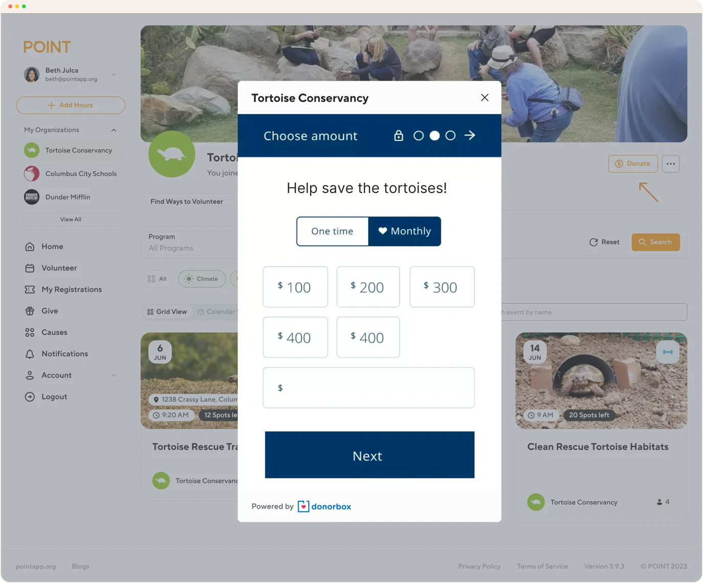 Example showing how Donorbox's donation form looks on POINT.