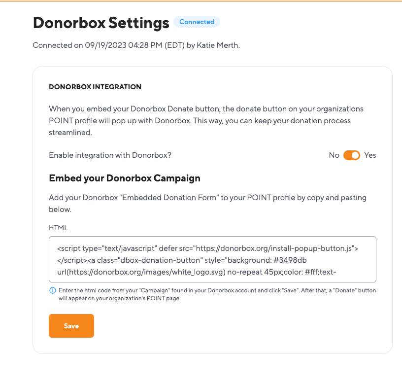 Screenshot showing where to paste the HTML script for the Donorbox + POINT integration. 