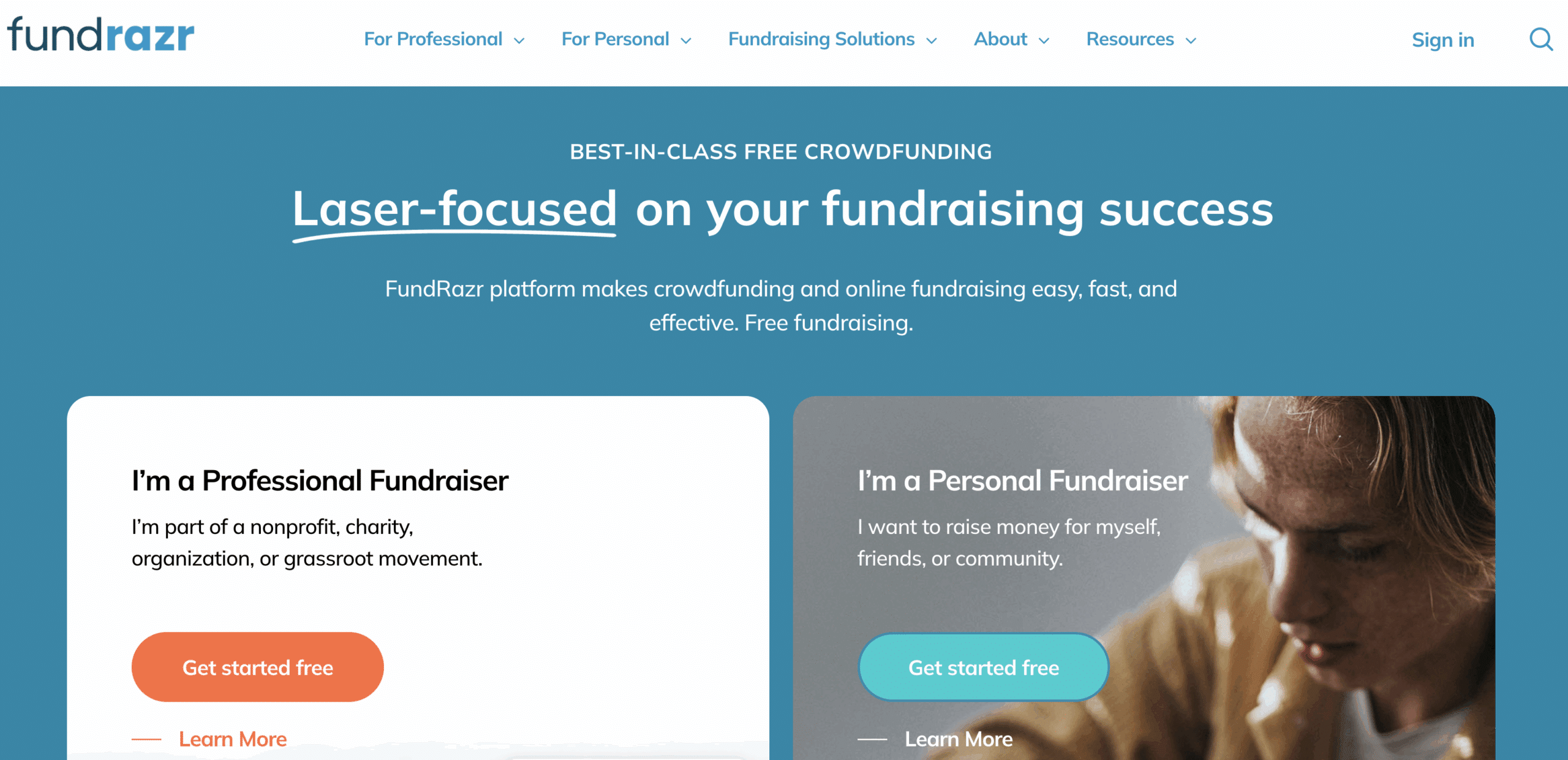 Screenshot of Fundrazr's homepage banner - a reputable crowdfunding site for nonprofits