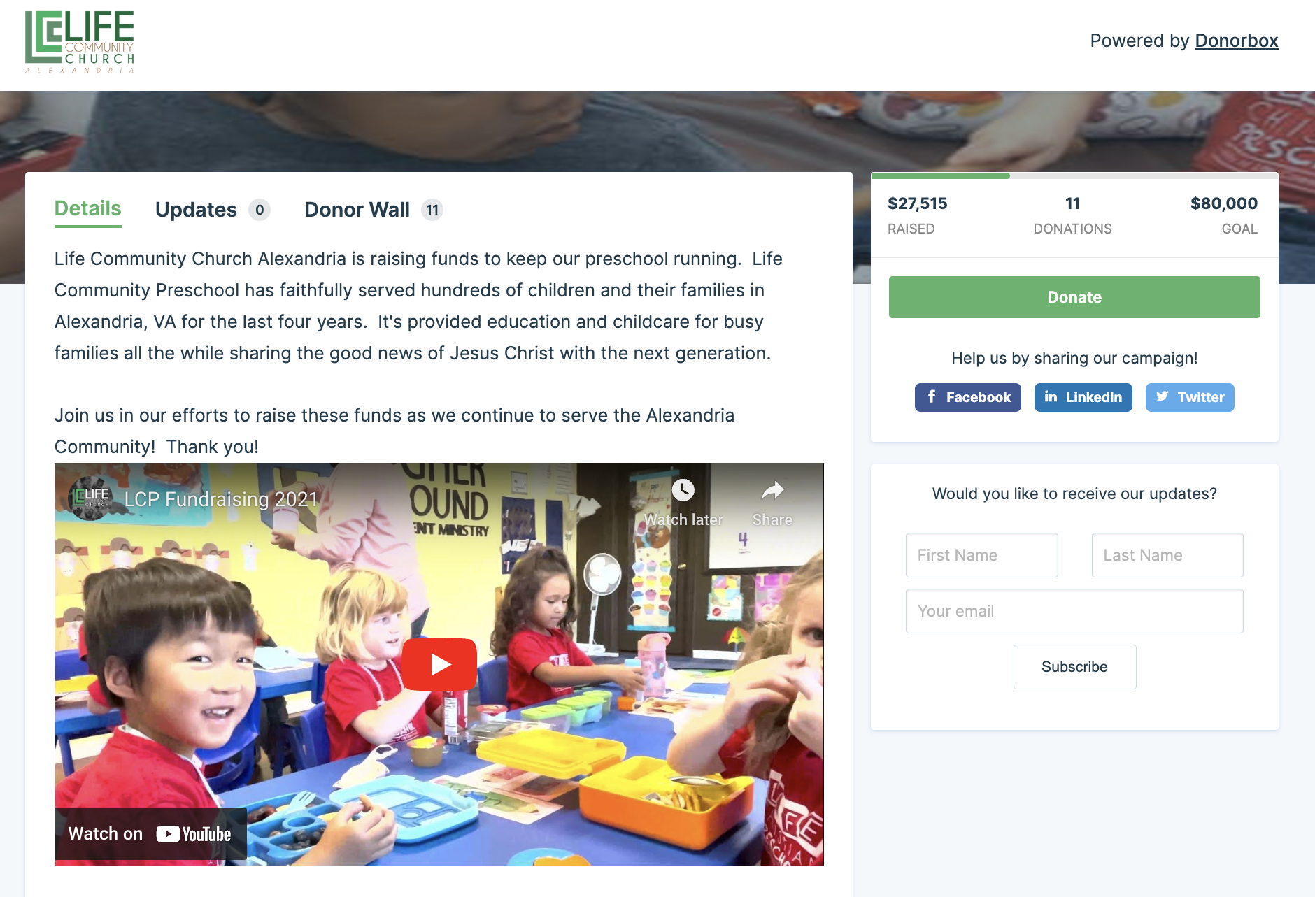 Example of a Donorbox Crowdfunding page used by Life Community Church