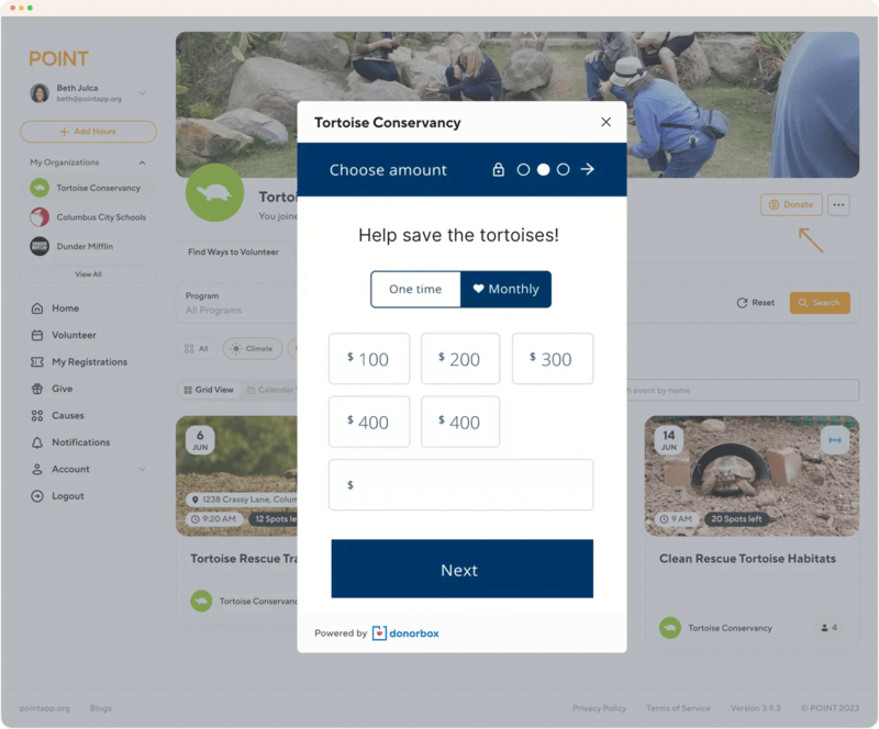 Example of a Donorbox donation form pop-up on the POINT platform.