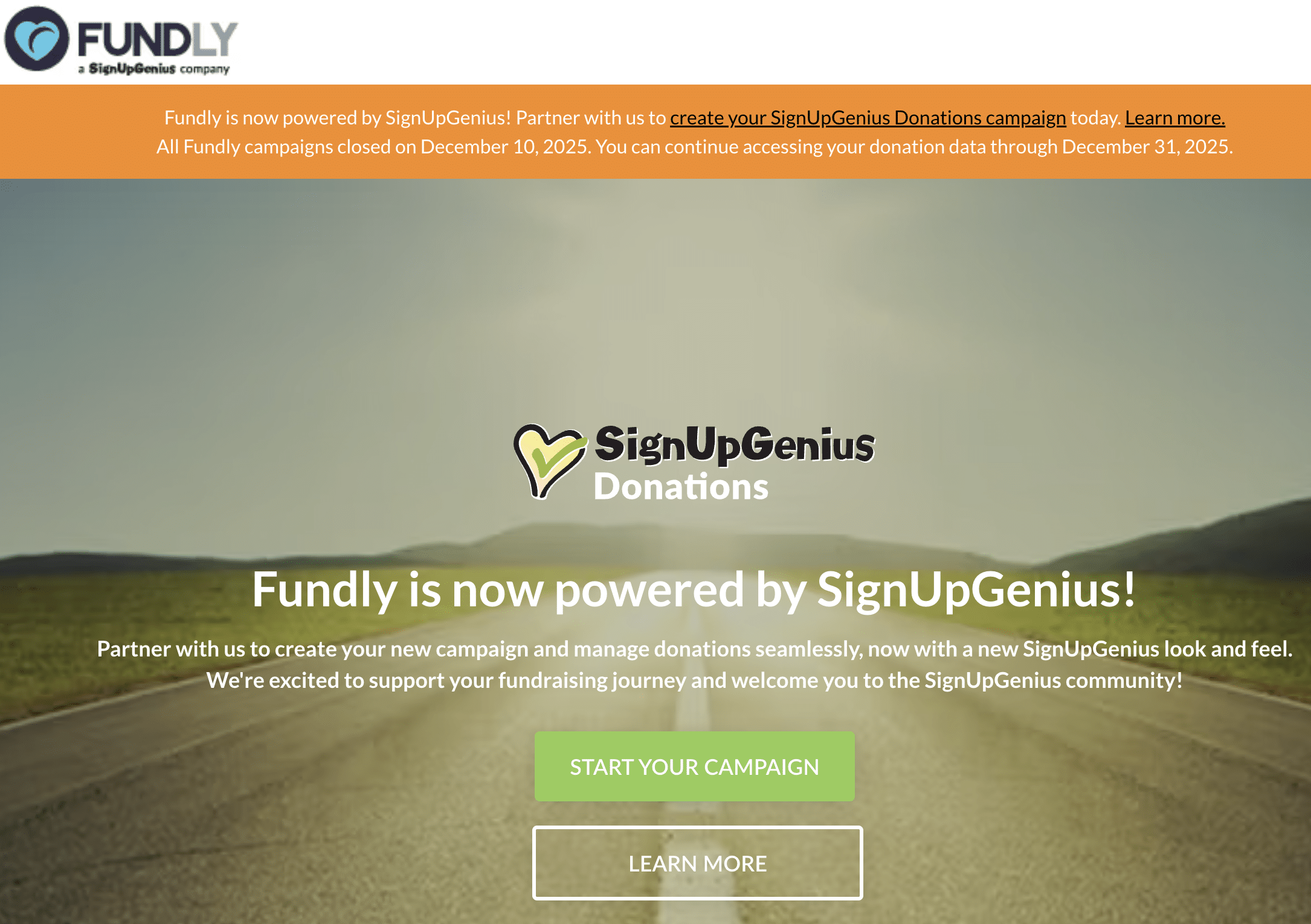Screenshot of the Fundly (SignUpGenius) homepage banner