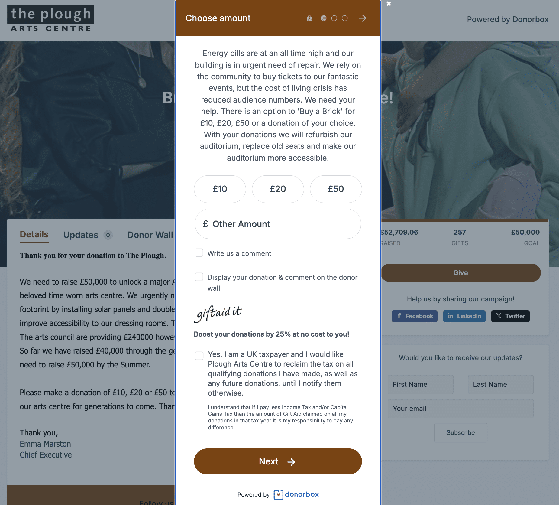 Screenshot of an organization's crowdfunding campaign hosted on Donorbox