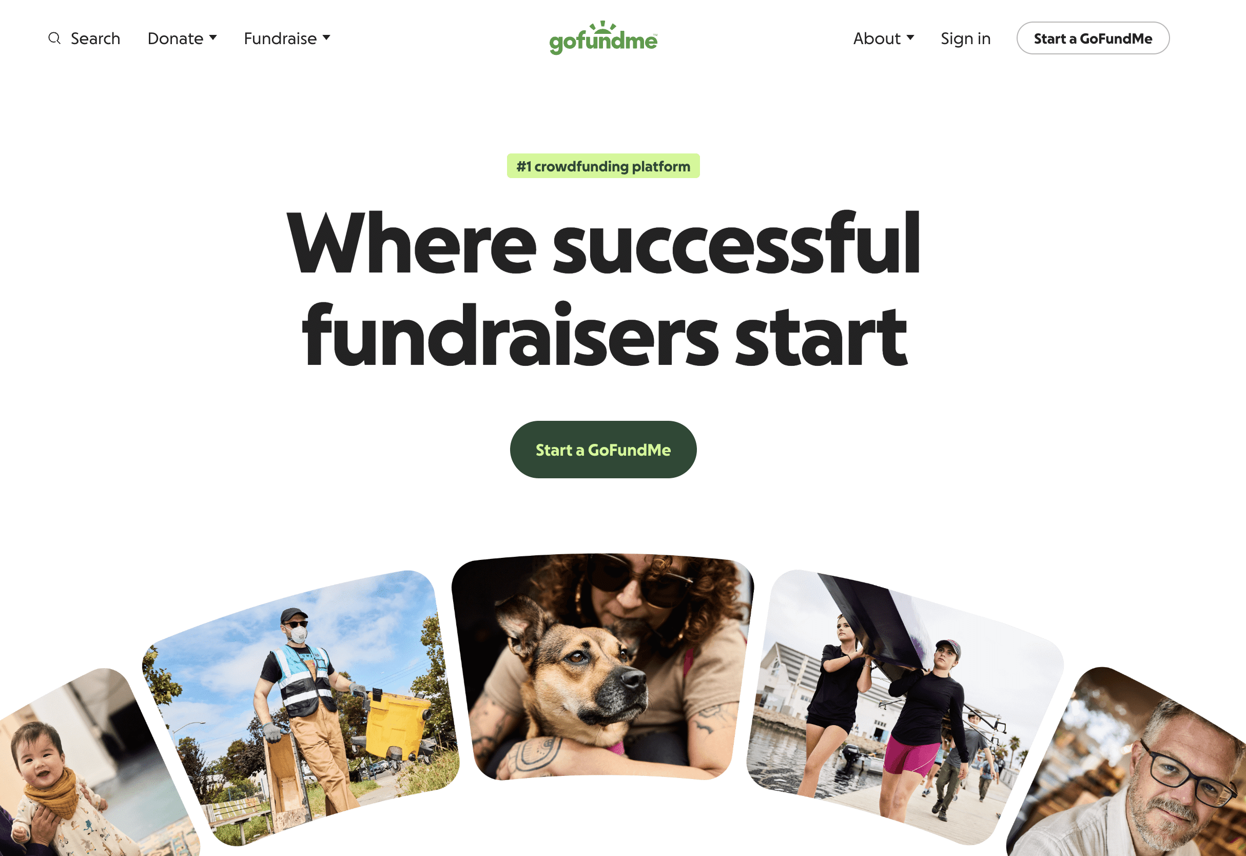 Screenshot of the GoFundMe homepage