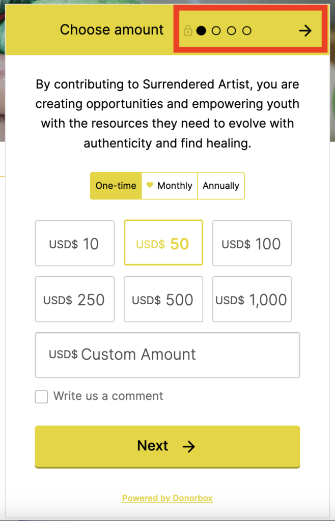 Example of a progress bar on a Donorbox multi-step donation form
