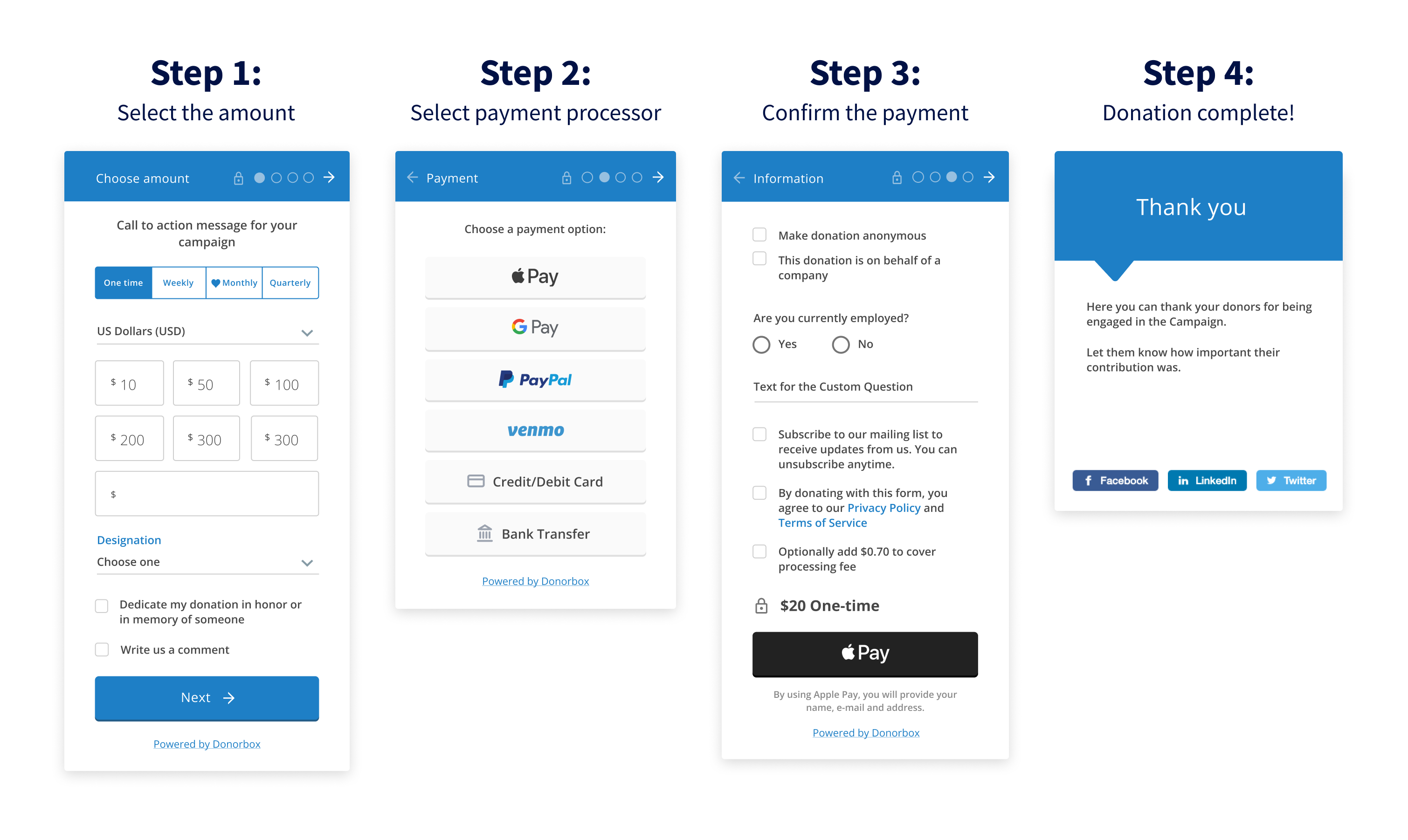 Steps in the Donorbox multi-step donation form