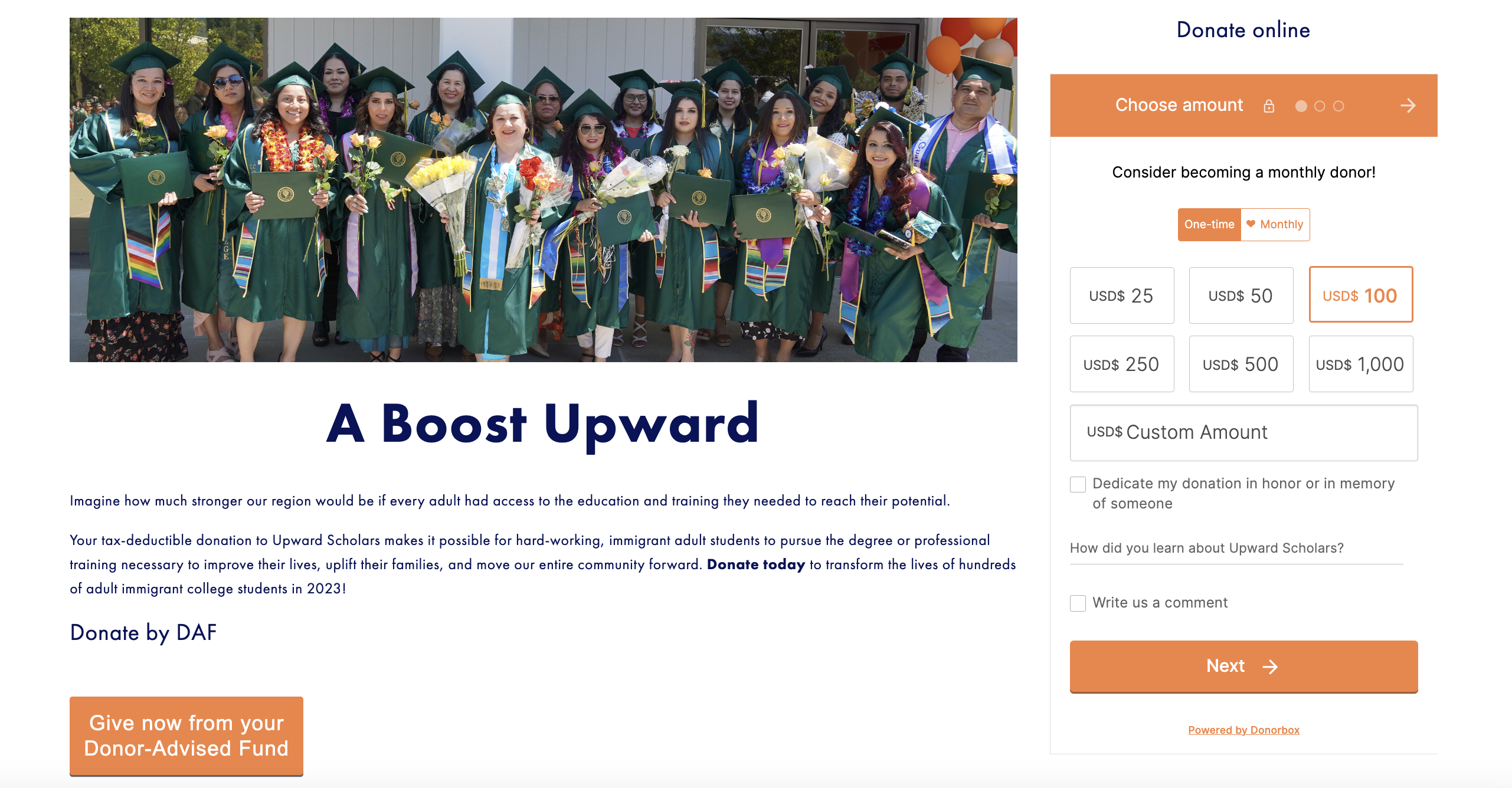 Upward Scholars Donation Page with Donorbox