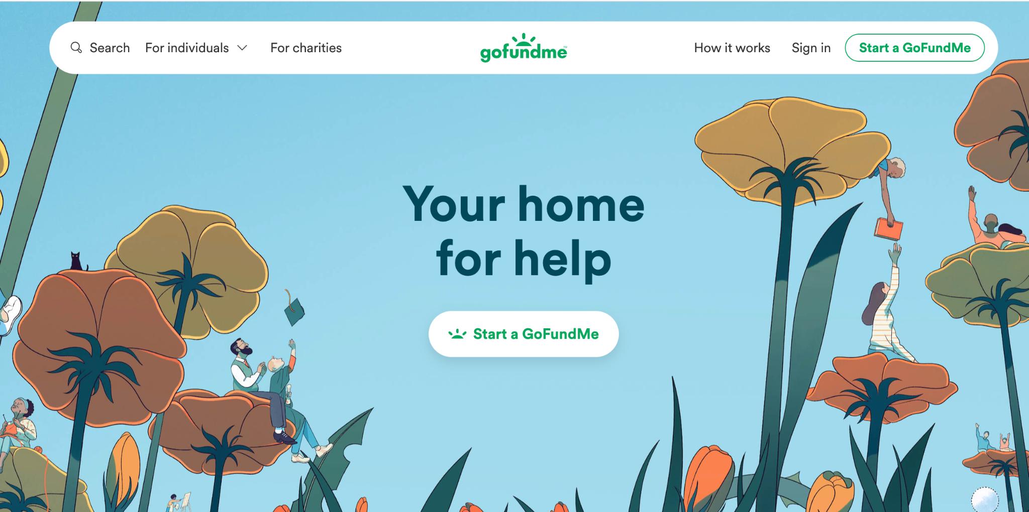 The gofundme homepage - useful for comparing gofundme vs. fundly vs. donorbox