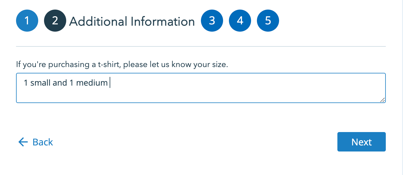 Example of the ability to include additional information, in this case t-shirt sizes. 