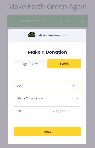 Shows the user interface with the Donorbox and The Giving Block integration for stock donations. 