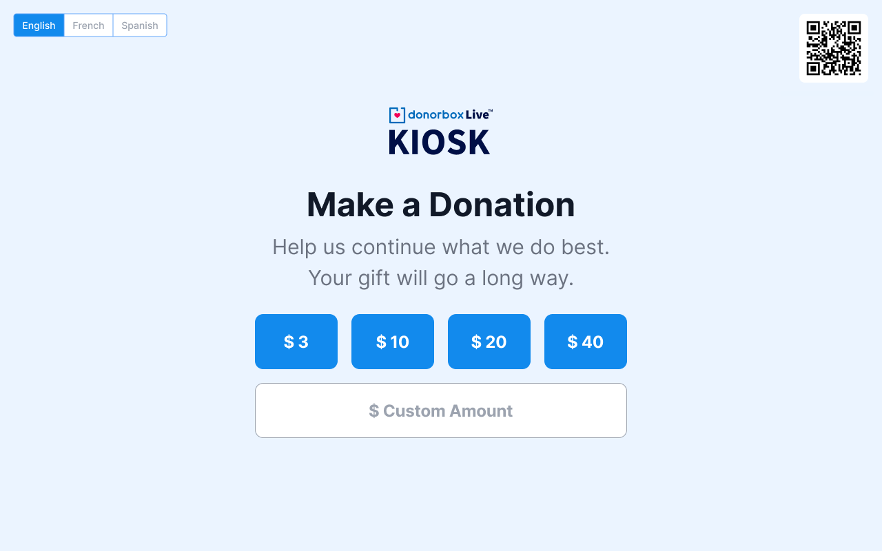 Image shows the Donorbox Live™ Kiosk user interface. 