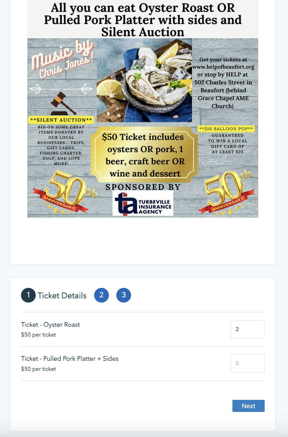 Example of an organization using Donorbox Events to sell tickets and share information about their event. 