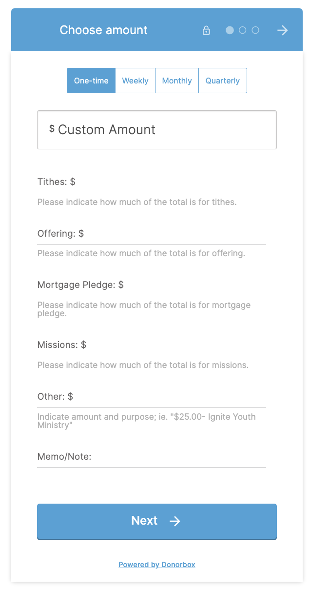 Donorbox donation form with a variety of giving options, including church pledges. 