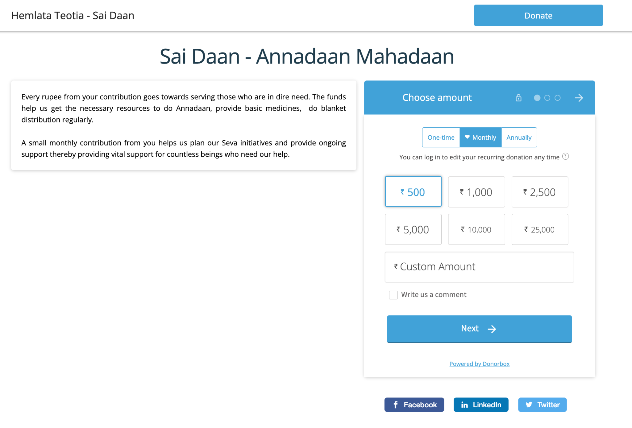 Example of an organization using Donorbox to collect Daan. 