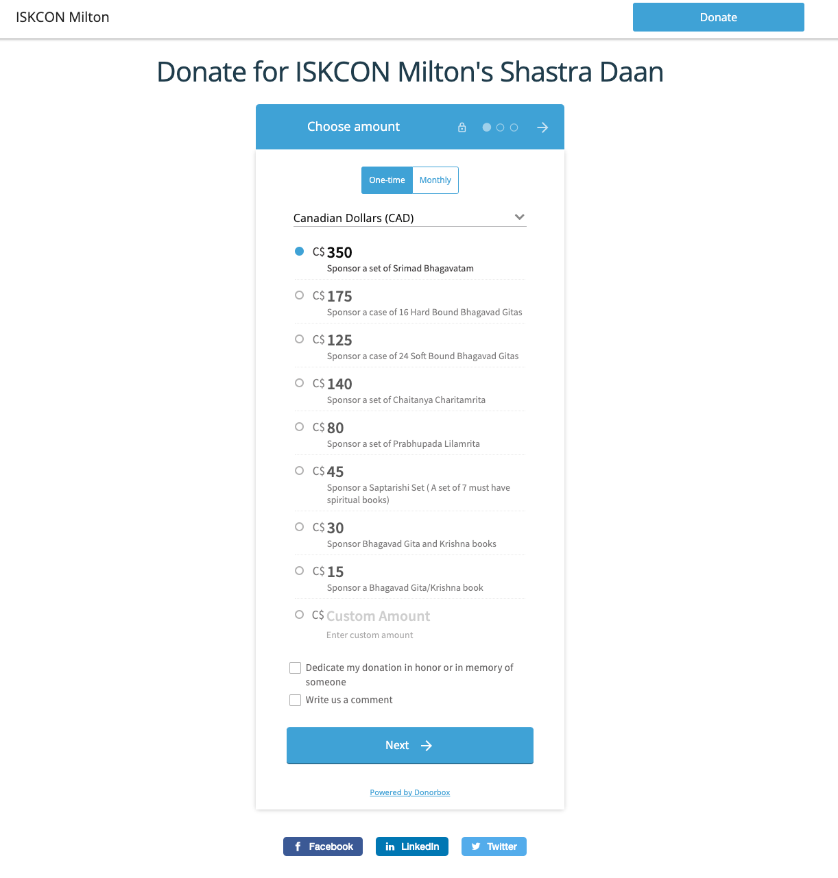 Example of an organization using Donorbox recurring giving to collect Daan. 