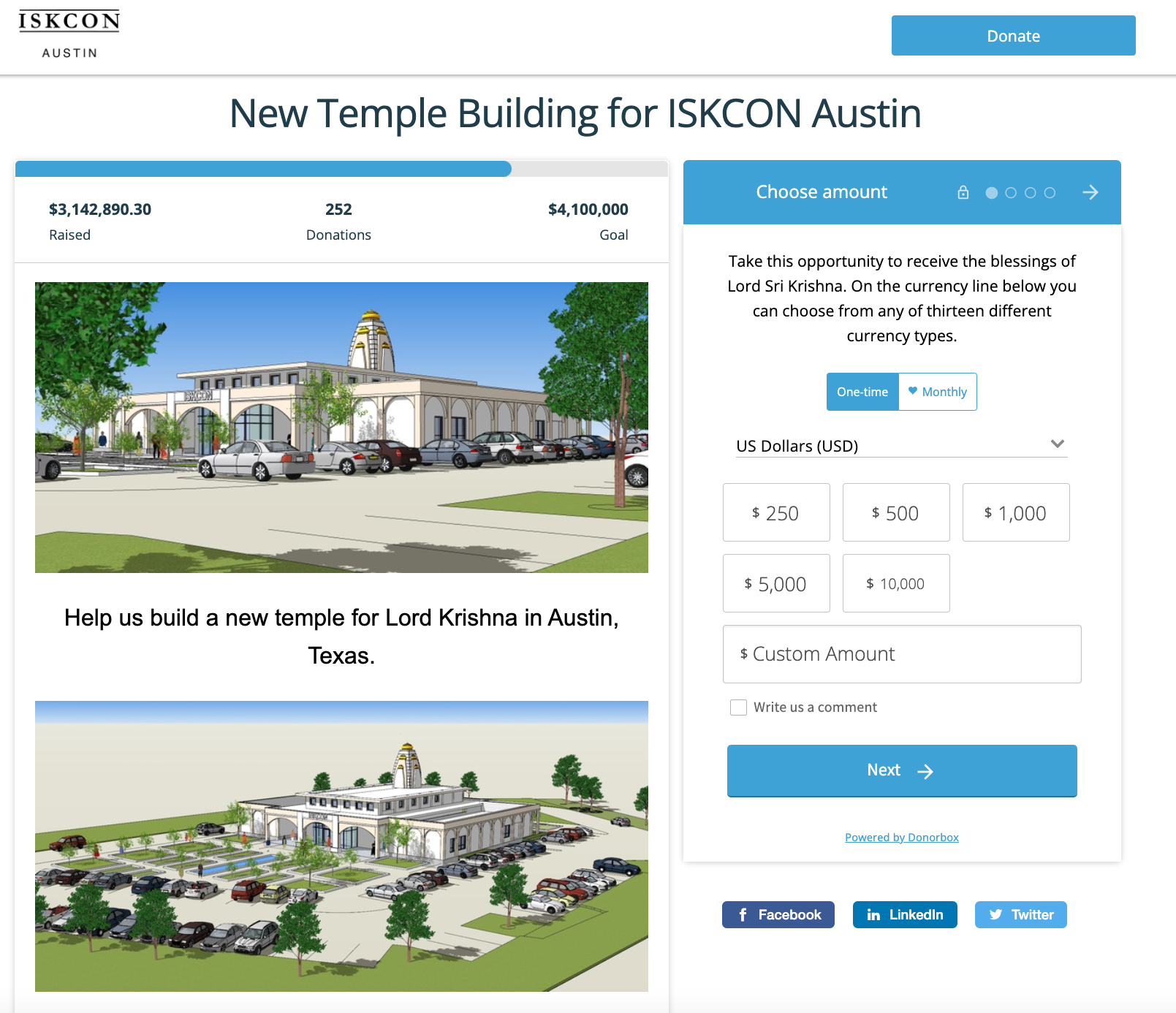 Example of a new temple building campaign using Donorbox. 