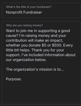 Image shows fundraiser editor where you can add the details of your Facebook fundraiser. 