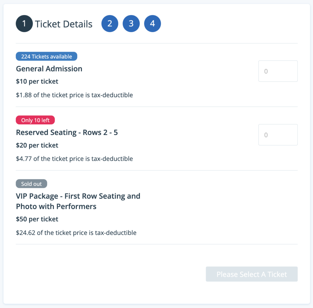 Event form example that shows ticket limits