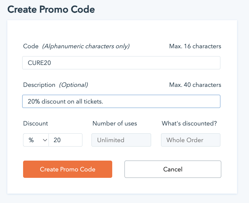 Screenshot of the Event Promo Code Creator in Donorbox Events