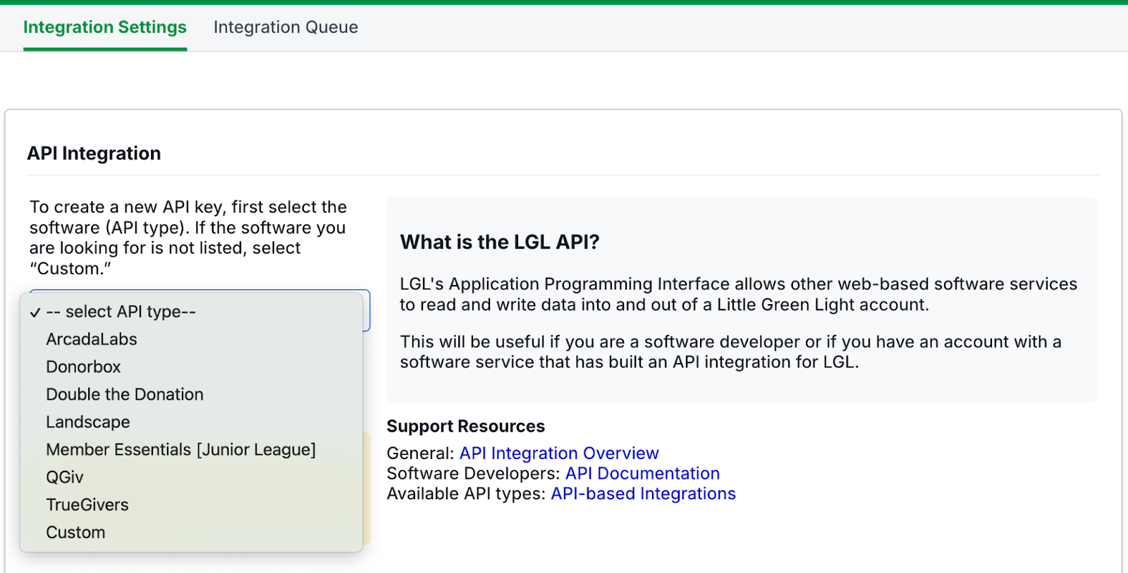 Screenshot showing where to find the Donorbox integration on Little Green Light.