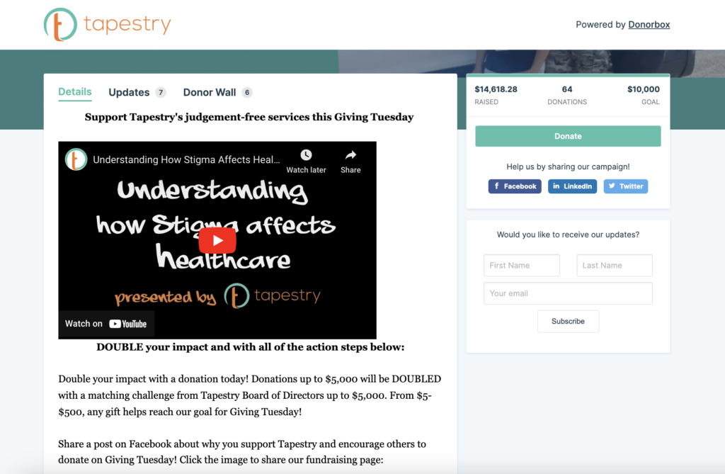 A Giving Tuesday Crowdfunding campaign run by Tapestry on Donorbox
