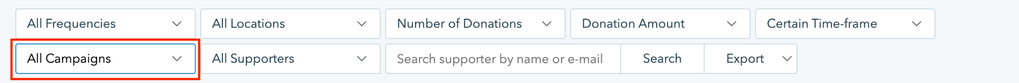 Screenshot showing how to sort donor data by a variety of filters on Donorbox. 
