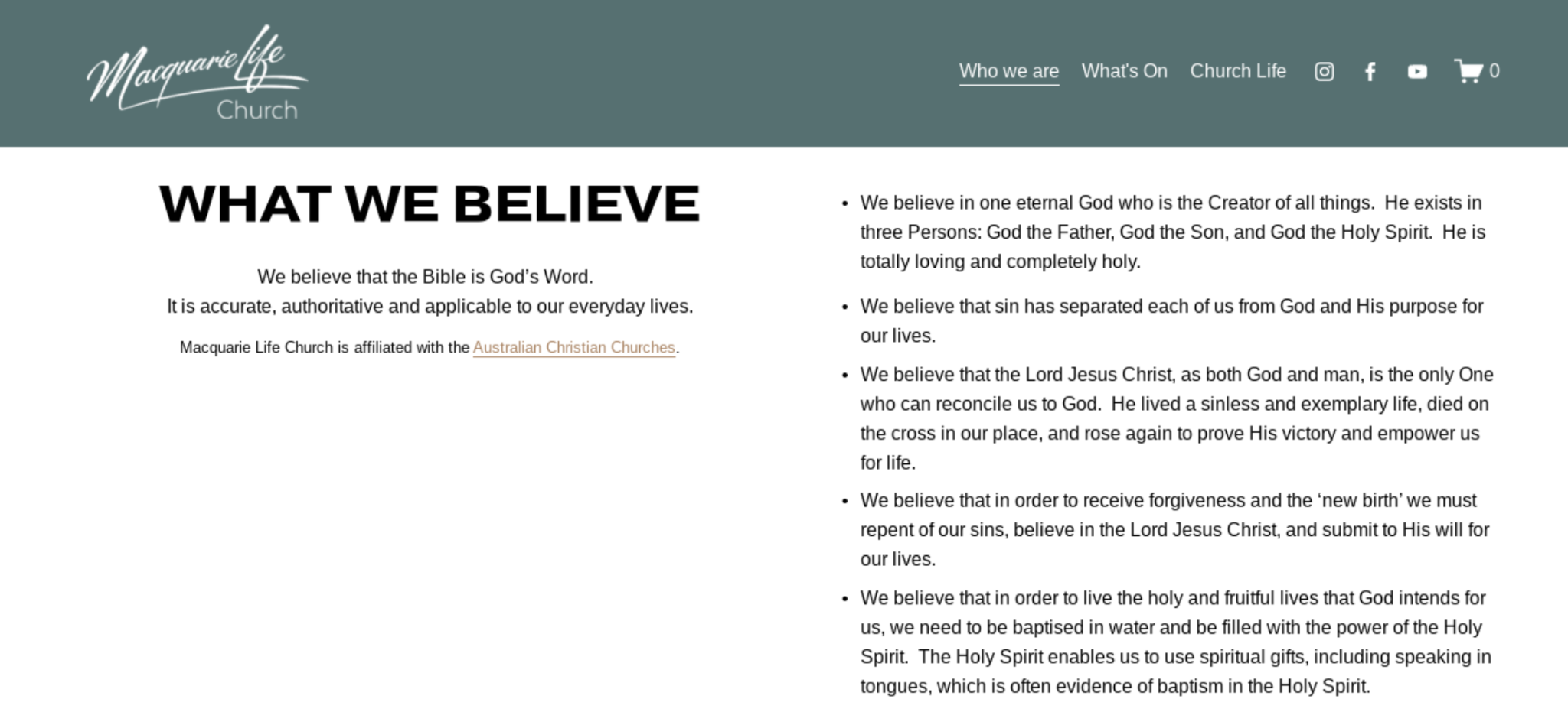 Screenshot from this church's website that shows their statement of faith. 