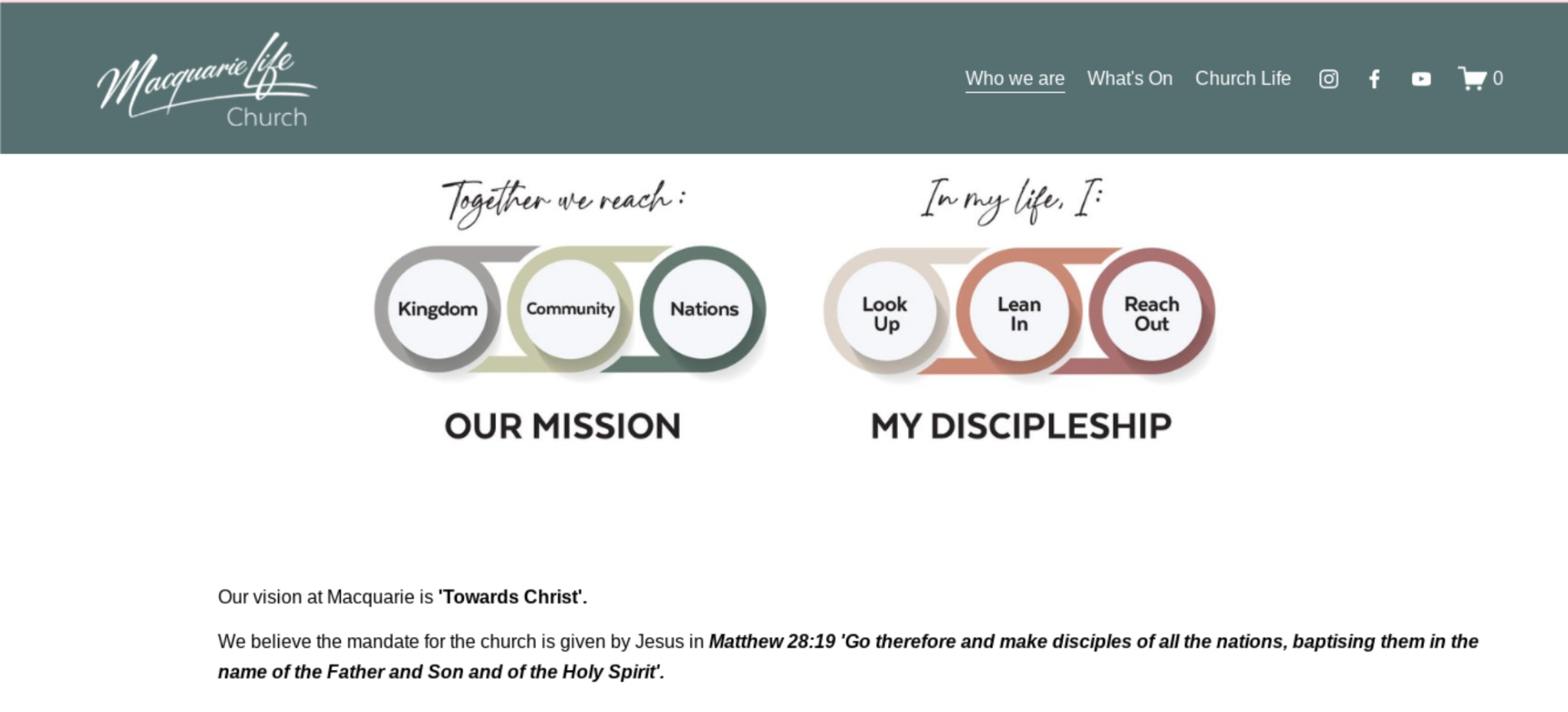 Screenshot of Macquarie Life church showing their vision statement. 